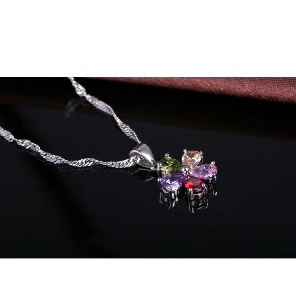 Cute Flower Multi Color 925 Sterling Silver Pendant Earrings And Necklace Set - Picture 5 of 9